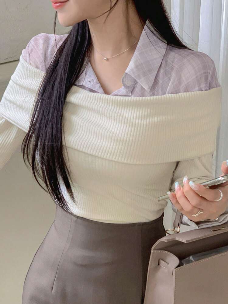 Plaid Collar Patchwork Long Sleeve Knit Shirt For Women