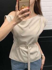 DAZY 优雅斜肩女士短款露肩惊艳单肩露肩外套衬衫 - 米色 - 查看 6