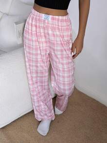Dream Adore Women's Casual Pink Plaid Print Elastic Waist Straight Leg Pajama Pants Plaid Pajama Pants