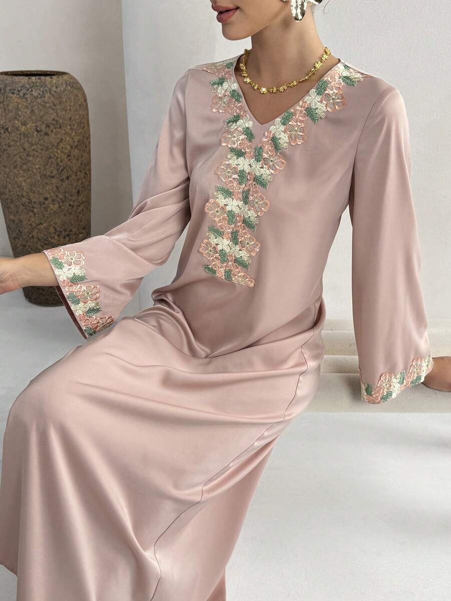 Yasmyna Women's Pink Floral Embroidered V-Neck Long Sleeve Turkish Tunic & Arabian Traditional Maxi Dress - Pink - View 1