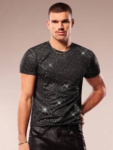 FeverCity Men's Fashionable Silver Foil Glitter Short Sleeve T-Shirt, Summer - Black - View 3