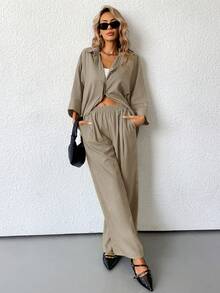 Aveloria Modichic 2件套 女士混纺侧开衩宽松衬衫和高腰阔腿裤 优雅商务休闲女装 - 杏色 - 查看 6