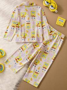 SpongeBob SquarePants | SHEIN Young Girl Cute Cartoon Pattern Long Sleeve Top And Pants Pajama Set, Comfortable - Yellow - View 2