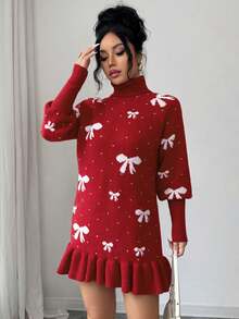 Elenzga Women's Elegant Turtleneck Bowknot Jacquard Tassel Hem Long Sleeve Sweater Dress, Autumn/Winter - Red - View 6