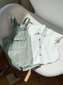 SHEIN 2件套男/女婴舒适休闲百搭可爱白色短袖衬衫和条纹背带短裤连体衣套装，适合室内、室外、日常、运动、玩耍、派对、拍照、度假，春夏皆宜。 - 綠色 - 查看 1
