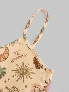 ROMWE Fairycore Đầm nữ dáng chữ A cổ chữ V xếp ly họa tiết cây cọ, phong cách hippie, thích hợp cho kỳ nghỉ. - Màu Khaki - Xem 3