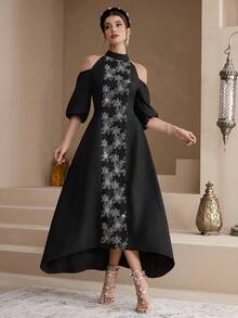 Al Najma Women's Floral Print Hollow Out Stand Collar Arabic Style Dress - Black - View 1