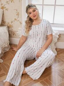 CottageSlumber Romantic Heart & Wavy Line Decor Plus Size Short Sleeve Top And Pants Set - White - View 7