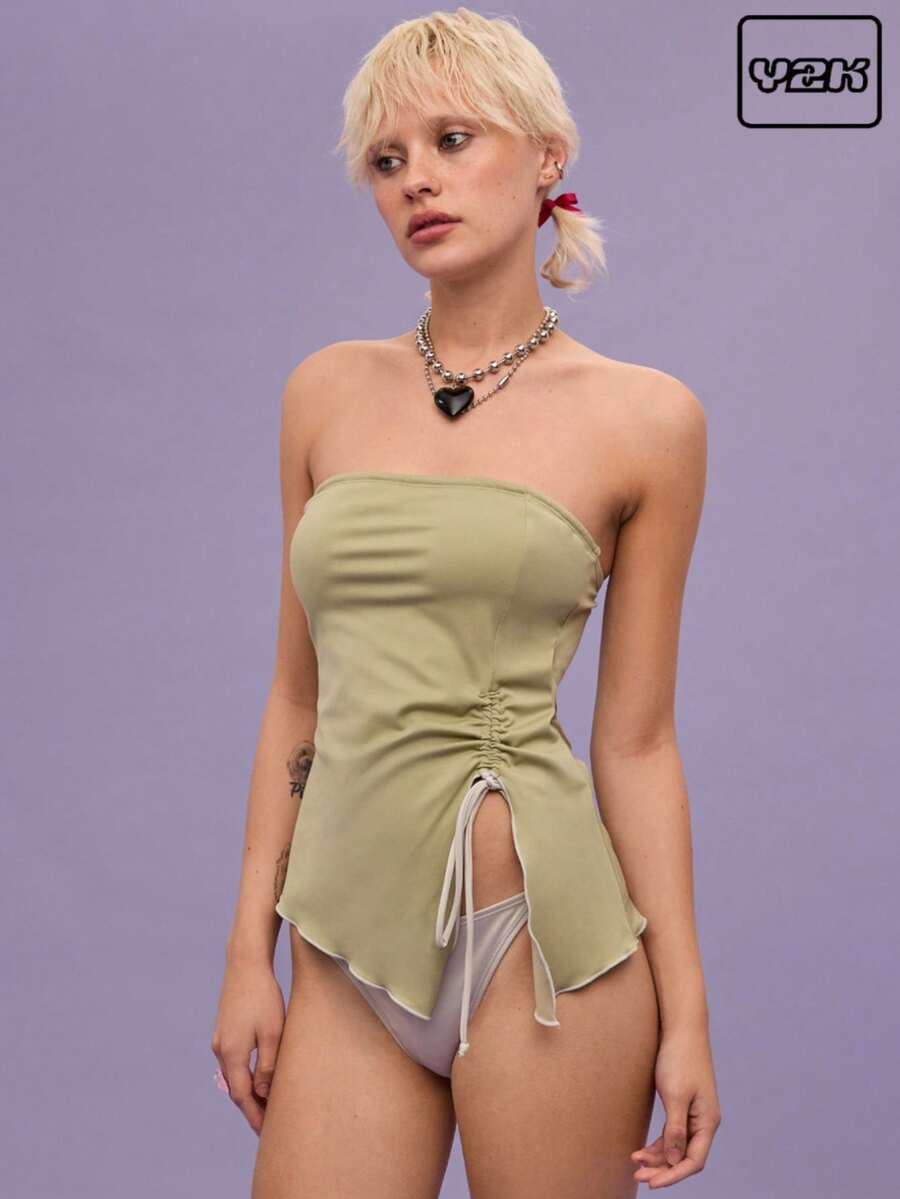 COUREZ Asymmetric Bandeau Top With Bikini Set Bottoms Vacation Outfits Beachwear 2 Pieces Set For Summer/Y2K/Casual Vintage - Green - View 1