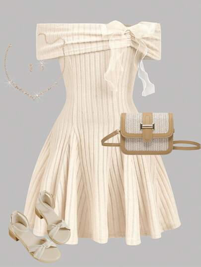 Girlism Tween Girls Off-Shoulder Bowknot Long Sleeve T-Shirt Dresses, Back-To-School Outfit, Cute Tops For School, Apricot Top, Fall Tops, Preppy Tops For Valentine's Day, Summer Outfits, Casual Party Dresses For Spring/Summer, Holiday Cute Dress Neutral Dress Summer Dress Beige Dress Aesthetic Summer Dress Cute Party Dress Off Shoulder Dress Beige Ribbed Dress Tea Party Dress