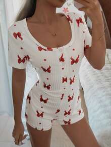 CottageSlumber Women's Ribbed Bow Print Short Sleeve Jumpsuit Pajamas - Apricot - View 7