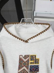 SHEIN 1 pièce Sweat-shirt-shirt surdimensionné à la mode pour préadolescentes avec graphique brodé, pull léger avec bordure contrastée, convient pour l'automne/l'hiver, les sorties, l'école, les voyages, les fêtes, les déplacements - Gris - Voir 7