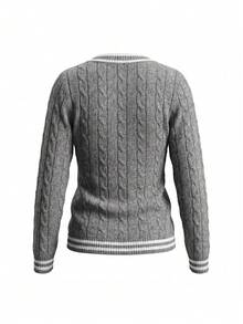 INAWLY Women's Floral Embroidered Bowknot V-Neck Long Sleeve Fitted Sweater - Dark Grey - View 5