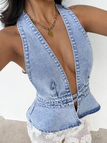 Sunnyshic 女士性感露背吊带牛仔外套，度假必备 - 藍色 - 查看 5