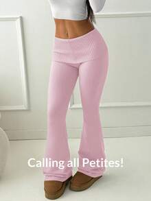 SHEIN PETITE Quần ống loe cạp chun màu mơ, quần tối giản thích hợp mặc đi làm, ở nhà, mặc thường ngày cho nữ, quần dệt kim, quần ống chuông, quần yoga, quần legging ống loe, quần thể thao ống loe, quần ống rộng mùa thu đông cho nữ. - Hồng - Xem 8