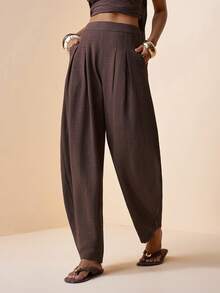 Zivah 2026春夏新品,适合音乐节、复活节、圣帕特里克节、情人节、约会、西部风、游牧风、生日派对、毕业典礼、大学、学生、日常休闲、百搭、休闲、度假、邮轮旅行、海滩、日光浴、热门单品、街头风、婚礼宾客波西米亚风、通勤、早午餐、机场、派对、假日郊游、办公穿着。宽松抽绳弹力腰带拉链口袋亚麻褶皱棕色长裤 - 棕色 - 查看 4