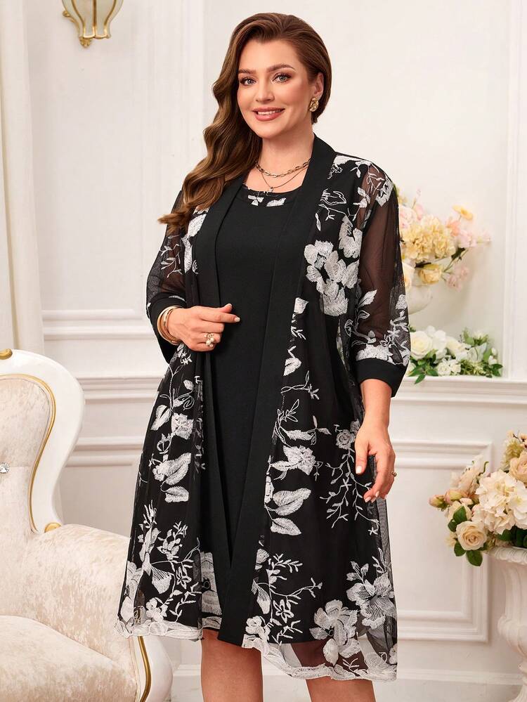 Plus Size Elegant Party Floral Embroidered Mesh Jacket & Dress 2-Piece Set,Flower/Summer/Spring/Vacation