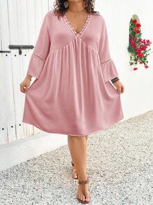 SHEIN CURVE+ Plus Size Holiday Casual White Flared Sleeve Bohemian Style Linen Dress Boho Vacation Plus Size Dress Plus Casual Dress Summer Plus Size Dress - Pink - View 7