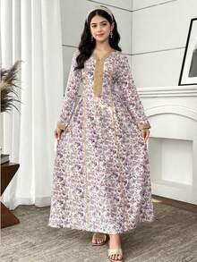 SHEIN Elegant Floral Print Long Sleeve Solid Color Comfortable Dress With Golden Waist Belt For Teen Girls, Suitable For Casual & Holiday Wear Purple Floral Dress Floral Purple Dresses Long Sleeve Floral Dress - Purple - View 5