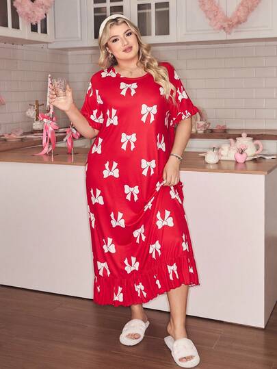 SweetSlumber Plus Size Women Valentine's Day Cute Bow Print Ruffle Trim Long Nightgown
