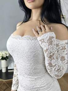 Vassilux 女式露肩长袖蕾丝拼布迷你连衣裙，夏季连衣裙春装 - 白色 - 查看 6