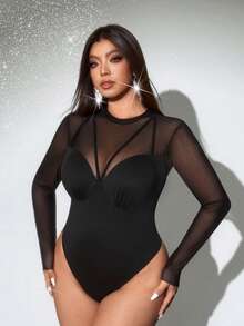 Viva Relle Áo liền thân không tay phối lưới gợi cảm, thanh lịch, màu trơn, cỡ lớn, phù hợp mặc hàng ngày và hẹn hò. - màu đen - Xem 1