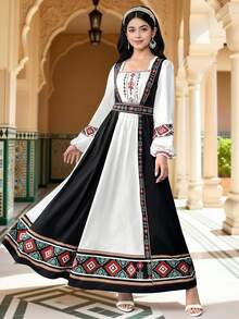 SHEIN 少女方领长袖休闲印花梭织连衣裙 - 白色 - 查看 2