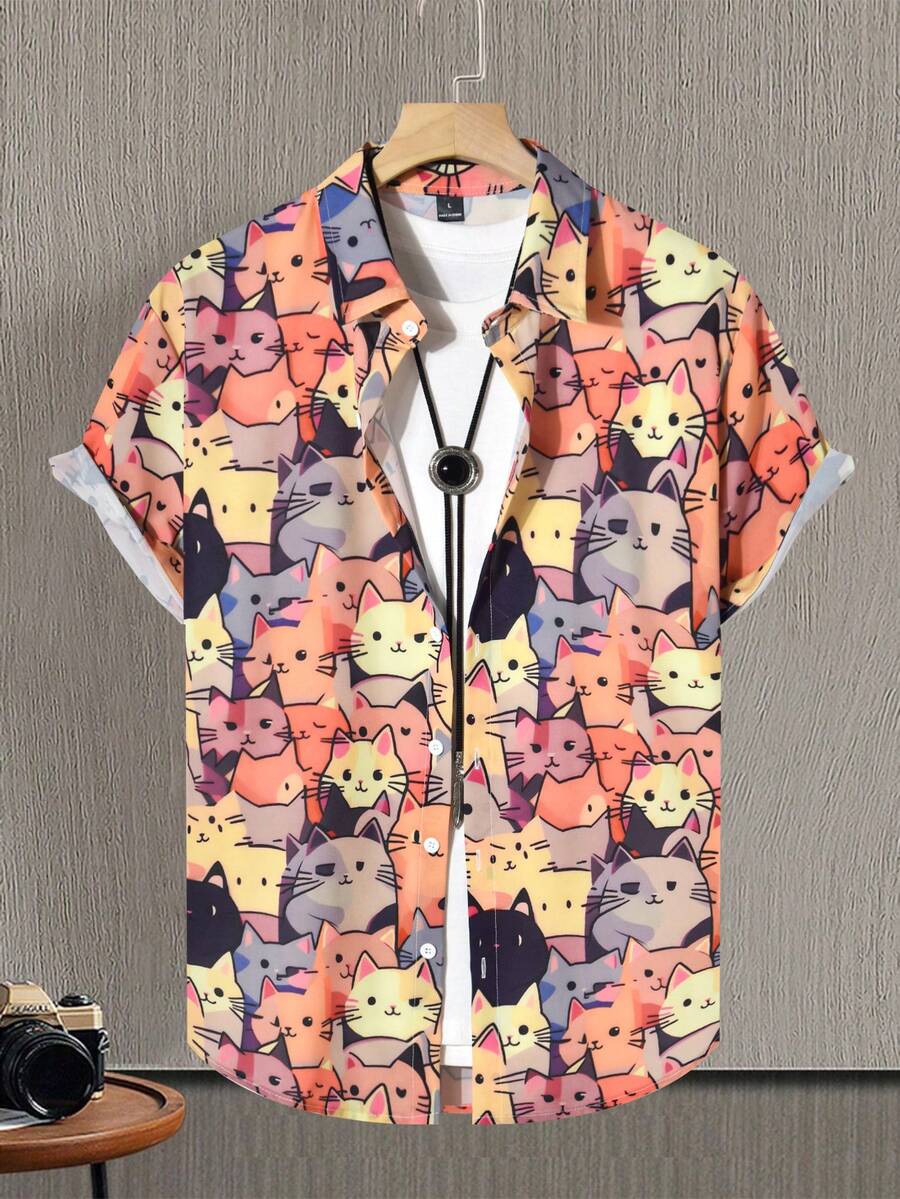 Manfinity Homme 休闲时尚羊毛图案印花短袖衬衫，夏季男士动物印花衬衫，男士卡通衬衫，男士动漫衬衫，男士猫咪衬衫，猫科动物印花男士衬衫 - 橘色 - 查看 1