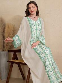 Al Najma Áo dài truyền thống Thổ Nhĩ Kỳ & Ả Rập dành cho nữ với thiết kế tay áo và vai họa tiết hoa. - Màu xanh Bạc hà - Xem 6