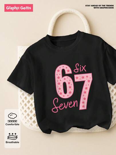 GraphicGems 少女休闲舒适时尚百搭创意趣味“67”数字字母印花短袖T恤，适合夏季户外、运动和上学穿着
