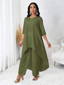 SHEIN Lady 四季秋季女装 白色长袖不规则两件套 女士秋季套装 女士套装 女士服装套装 女士两件套 秋季两件套 返校季 秋季女士套装 白色女士套装 女士服装套装 套装 两件套 婚礼礼服 女士两件套 - 軍綠色 - 查看 5