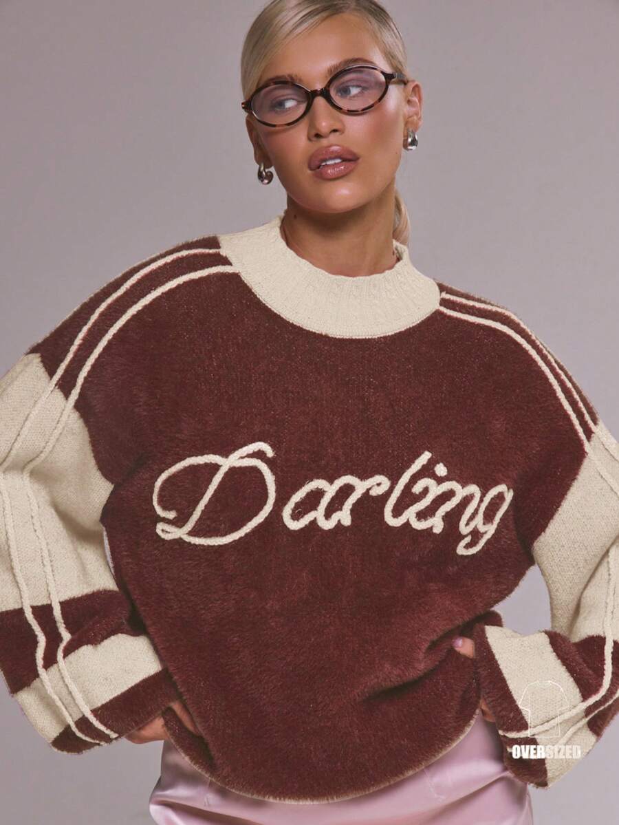 MUSERA 宽松绞花针织撞色印花“亲爱的”套头衫，冬季可爱休闲舒适樱桃漆面情人节款 - 棕色 - 查看 1