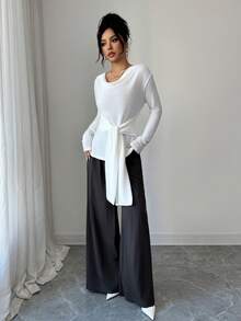 SHEIN Elenzya Bộ 2 món: Áo thun cổ tròn, eo bó và quần dài thường ngày - Xám - Xem 4