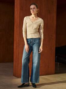 INAWLY Women's Casual Basic V-Neck Long Sleeve T-Shirt - Apricot - View 5