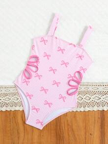 Young Girl Waist Tie Hollow Bowknot Striped Print Spaghetti Strap One-Piece Swimsuit - Pink - View 5