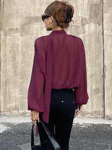 DAZY Sexy Deep V-Neck Tie Scarf Long Sleeve Blouse, Slim Fit Thin Shirt For Women - Burgundy - View 2
