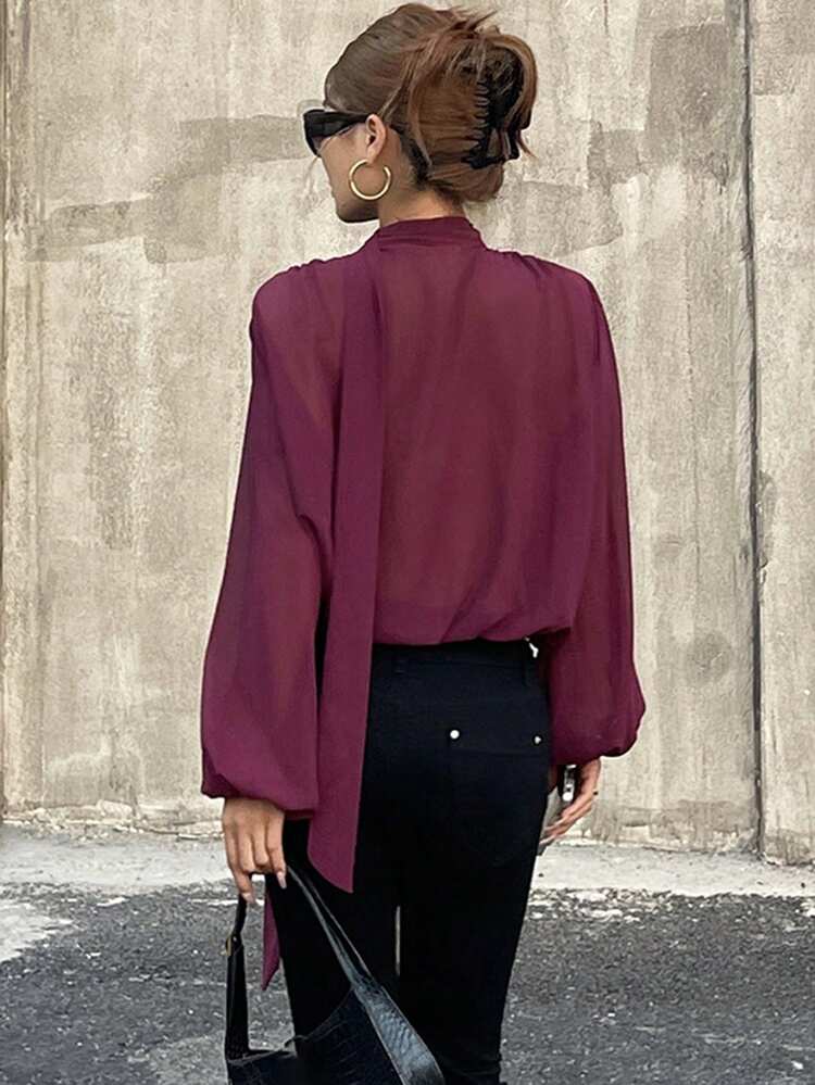 Sexy Deep V-Neck Tie Scarf Long Sleeve Blouse, Slim Fit Thin Shirt For Women