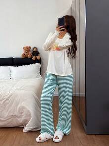 Dream Adore Women's Casual Striped Print Pants & Fruit Letter Graphic Crew Neck Long Sleeve Pajama Set Cute Lounge Wear - Multicolor - View 4