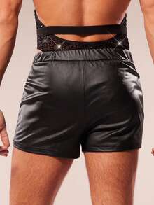 FeverCity 男士纽扣装饰PU皮革休闲百搭短裤 - 黑色 - 查看 2