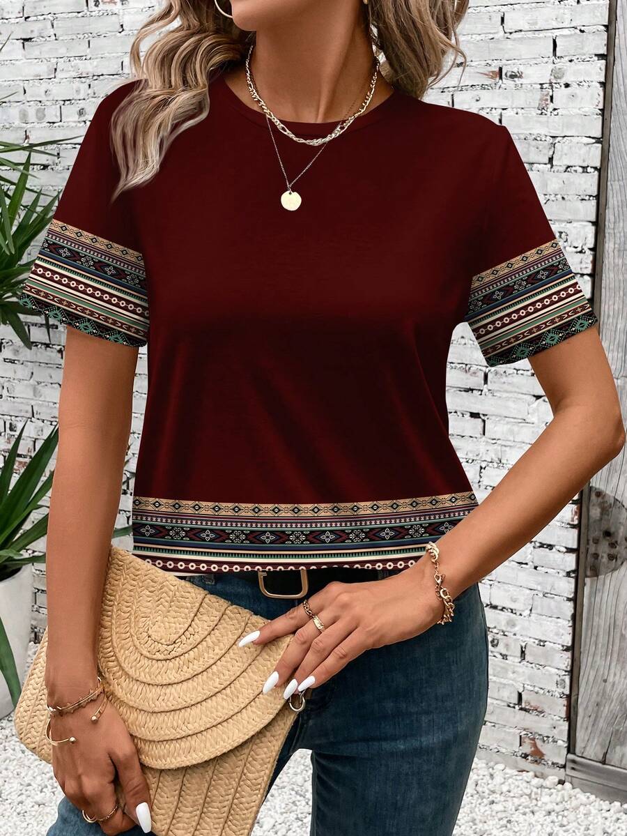 EMERY ROSE Casual Minimalist Geometric Round Neck Loose Women T-Shirt Western T Shirts Women Women S Short Sleeve Tops Red - Multicolor - View 1