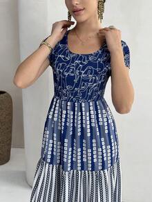 Yasmyna 女士抽象人脸印花圆领短袖休闲阿拉伯风格连衣裙 - 藍色 - 查看 6