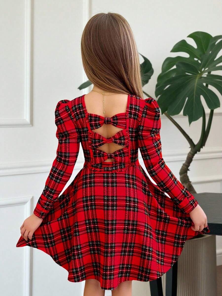 SHEIN Serisse Kids Tween Girls Cute Elegant Back 3D Bow Decoration Dress, Casual Simple Elegant Red Plaid Dress, , Birthday Dress, Princess Dress, Tween Girls Christmas Dress, Teen Clothing, College Dress,Bow Dress, Long-Sleeved Dress, Winter Dress - Red - View 1
