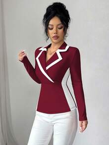 Elenzga Blusa elegante de punto ajustada con parches y contraste de colores, adecuada para Halloween y Navidad