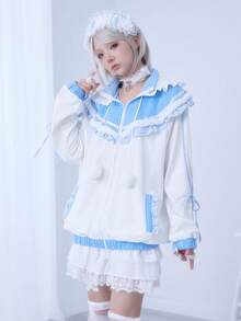 ROMWE EDITION Áo sweatshirt nữ dễ thương phối màu viền ren hình tai gấu 2D - Màu xanh lam - Xem 4