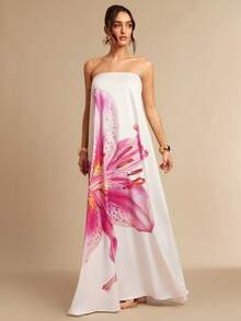 Silquee 女士夏季波西米亚风百合花印花宽松抹胸连衣裙 - 白色 - 查看 5