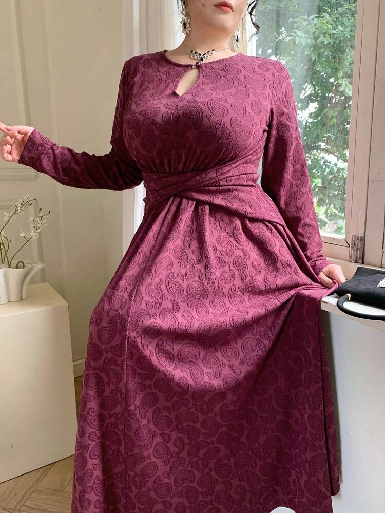 Dazy Plus Valentine Elegant Textured Fabric Stretchy Fitted Crossover Waist Dress, Red, Plus Size, Spring/Autumn Maxi Dress Sundress