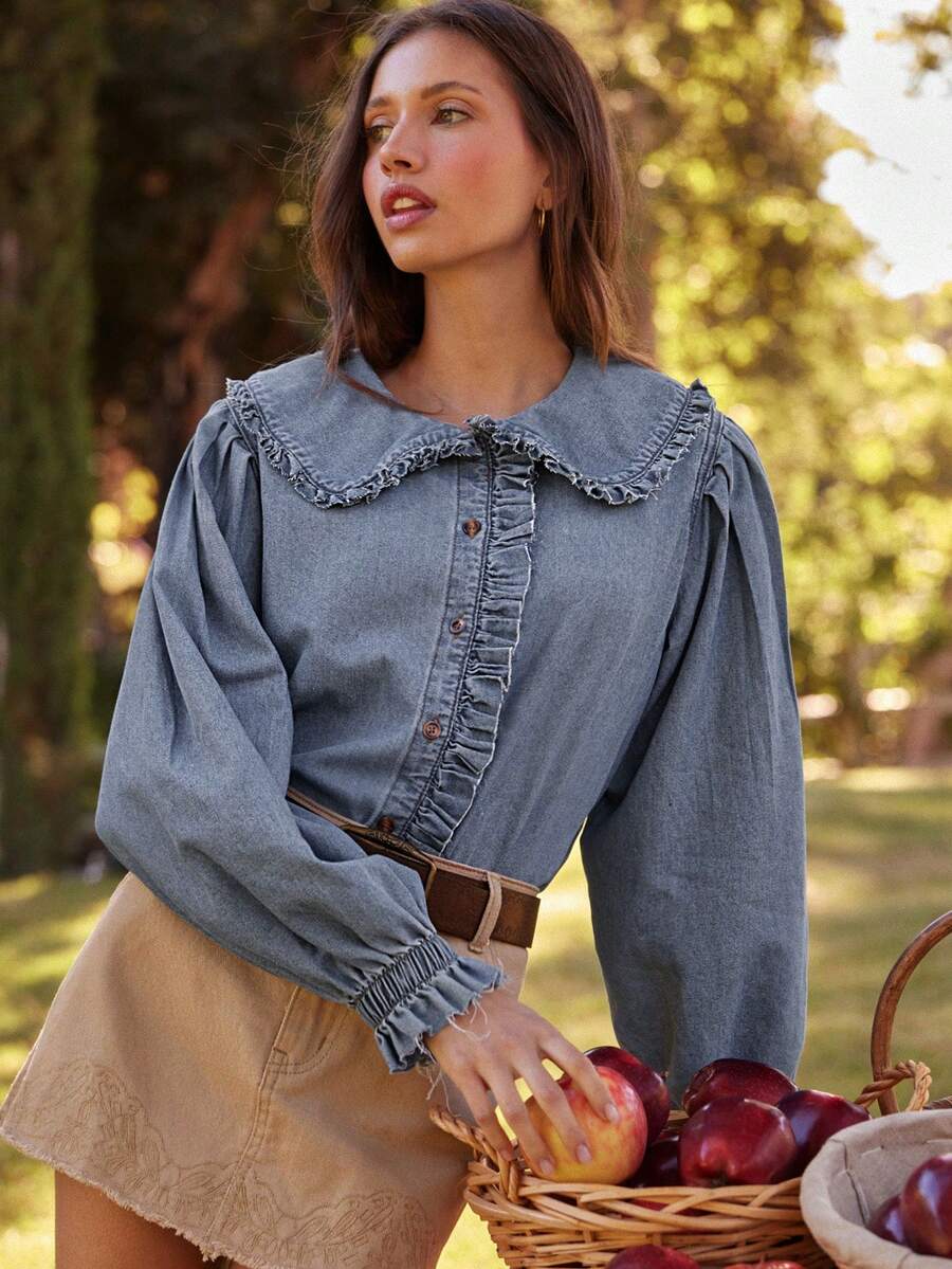 WESTFADE Camisa de botones de manga larga con cuello de volantes de mezcla de algodón chambray, tops lindos de otoño, concierto de country, otoño, invierno, bohemio, casual, lindo - Lavado ligero - Ver 1