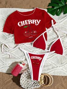 Swim Mod 3pcs Women's Surfing Outfit Set, Cherry Letter Print Spaghetti Strap Bikini, Sheer Mesh Cover Up Crew Neck Short Sleeve T-Shirt, Knit Swimsuit - Red and White - View 1