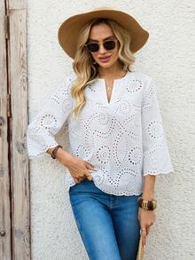 EMERY ROSE 女士镂空刺绣V领七分袖休闲衬衫，适合度假穿着，白色，休闲百搭。 - 白色 - 查看 4