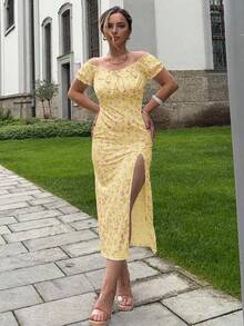 Jeta Ari 女士露肩开衩碎花连衣裙 - Butter Yellow - 查看 6